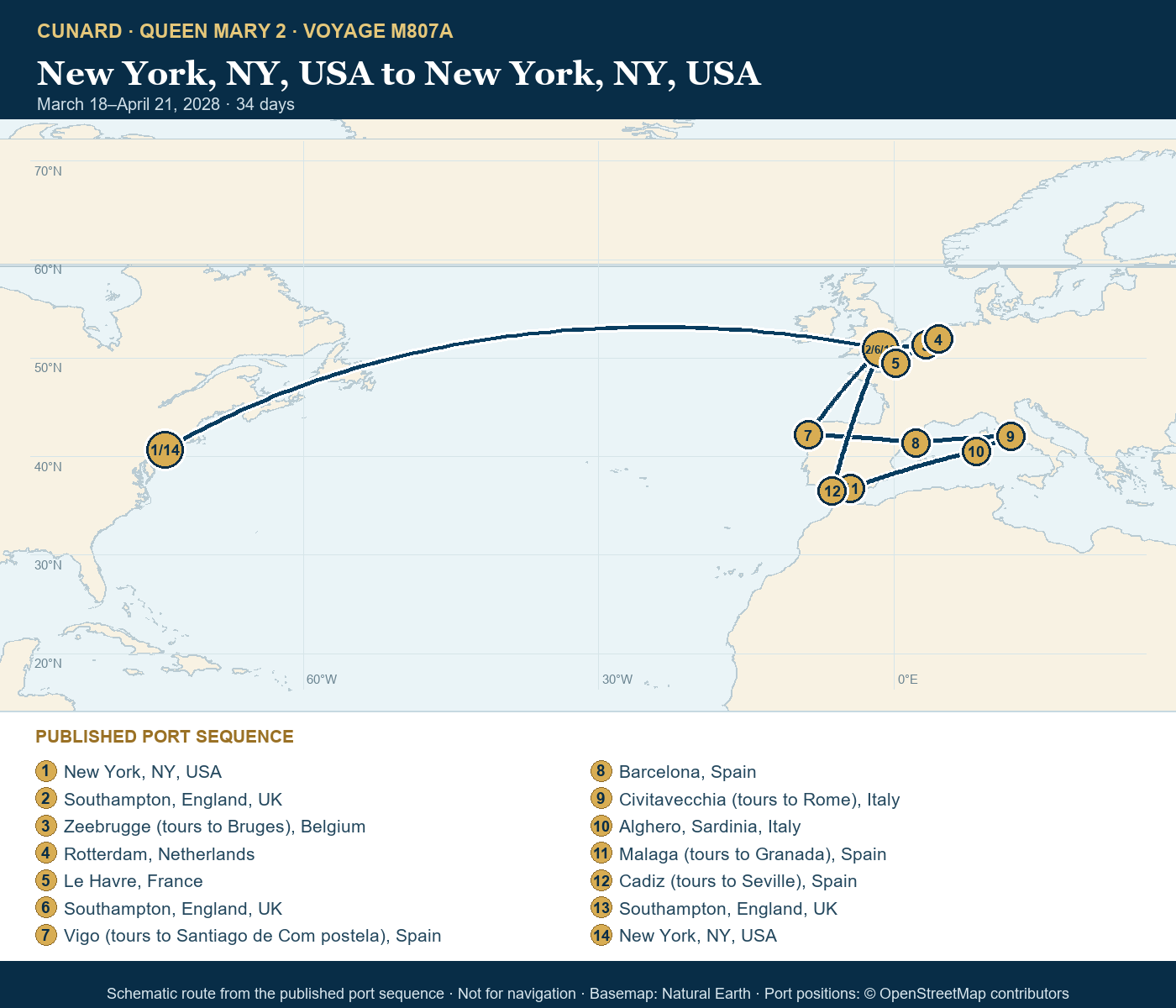 Queen Mary 2 Voyage M807A itinerary route map for New York, NY, USA to New York, NY, USA
