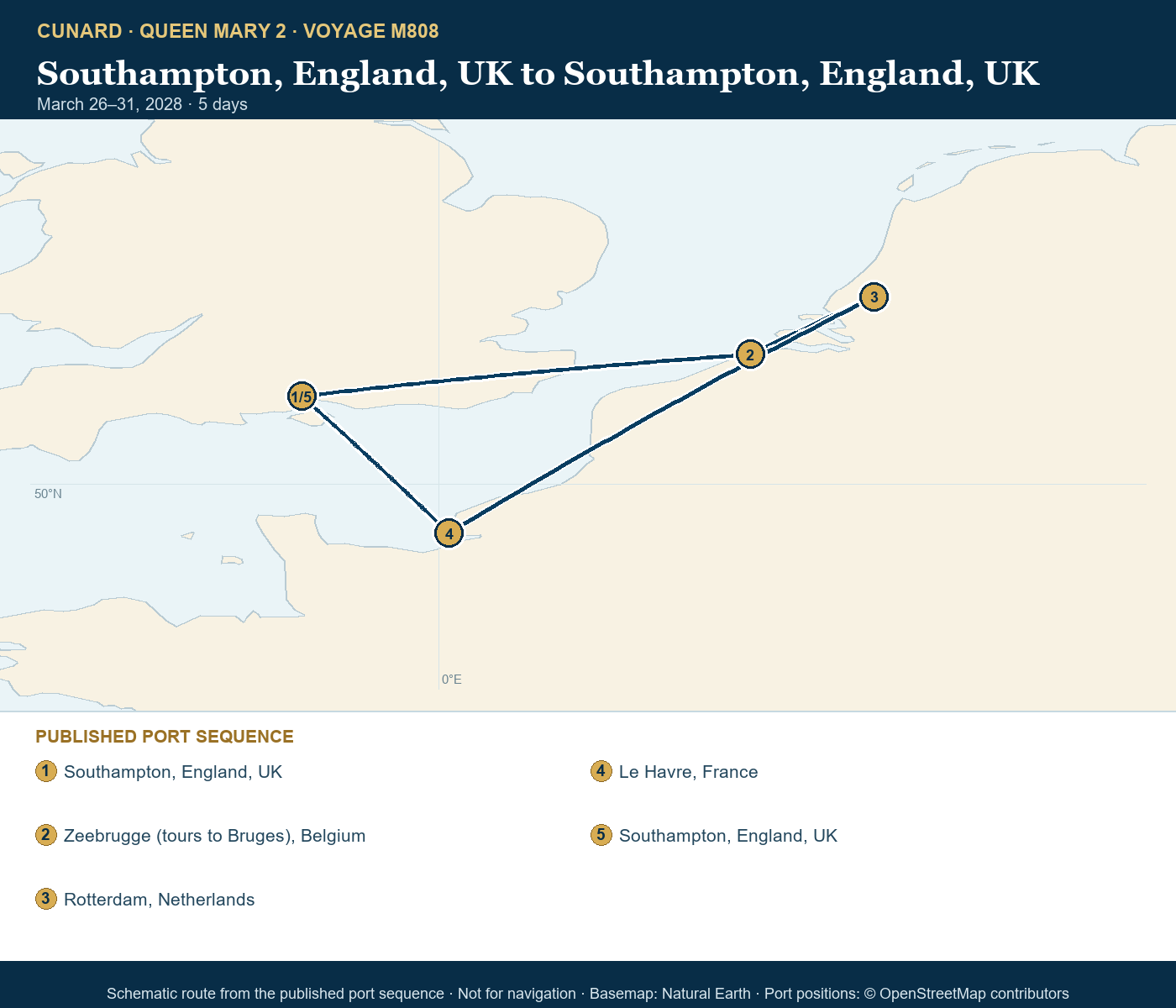 Queen Mary 2 Voyage M808 itinerary route map for Southampton, England, UK to Southampton, England, UK