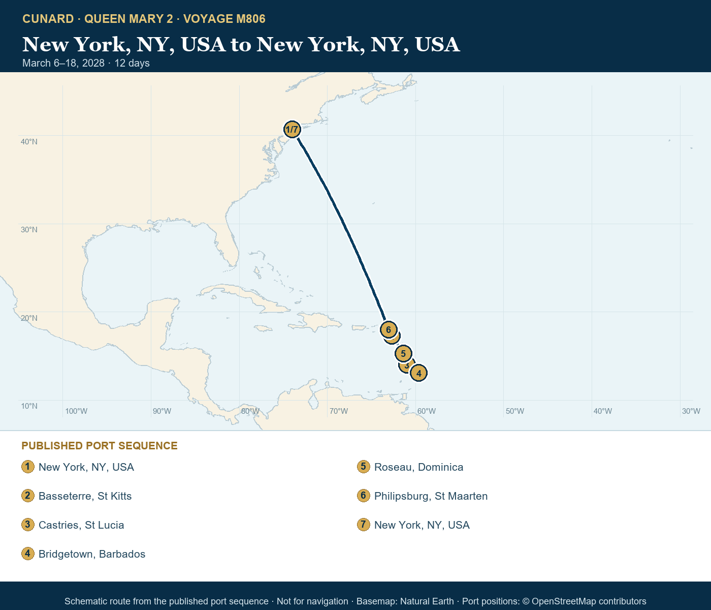 Queen Mary 2 Voyage M806 itinerary route map for New York, NY, USA to New York, NY, USA