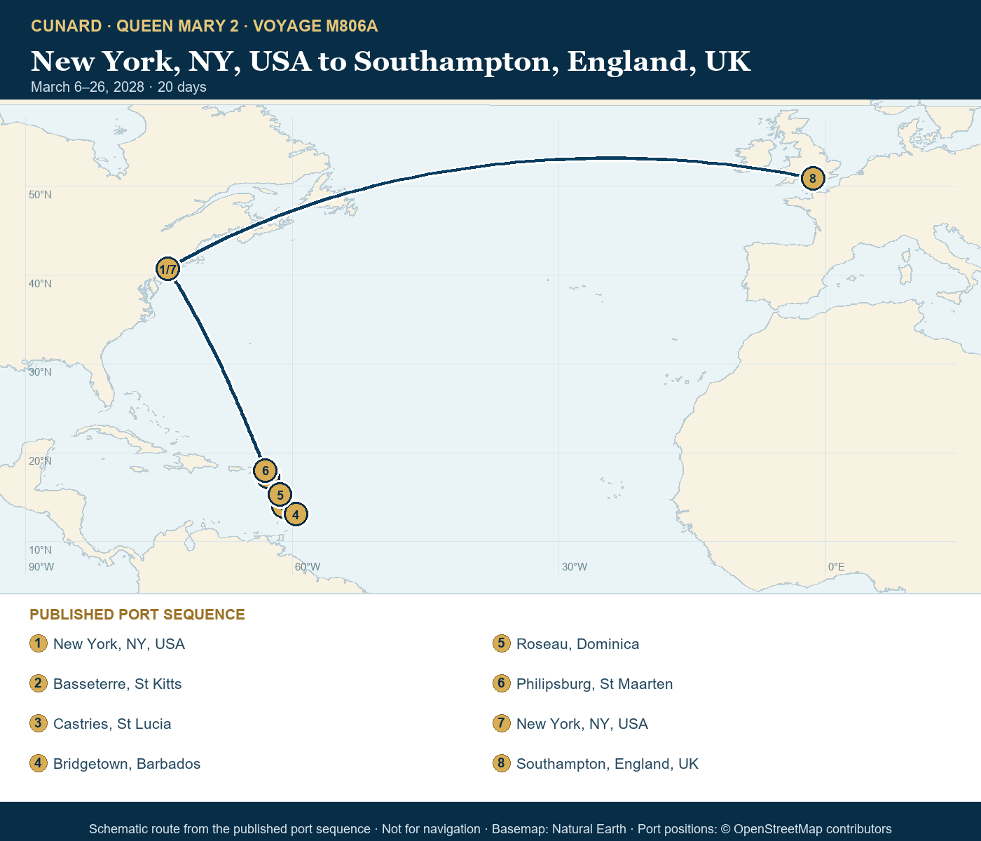 Queen Mary 2 Voyage M806A itinerary route map for New York, NY, USA to Southampton, England, UK