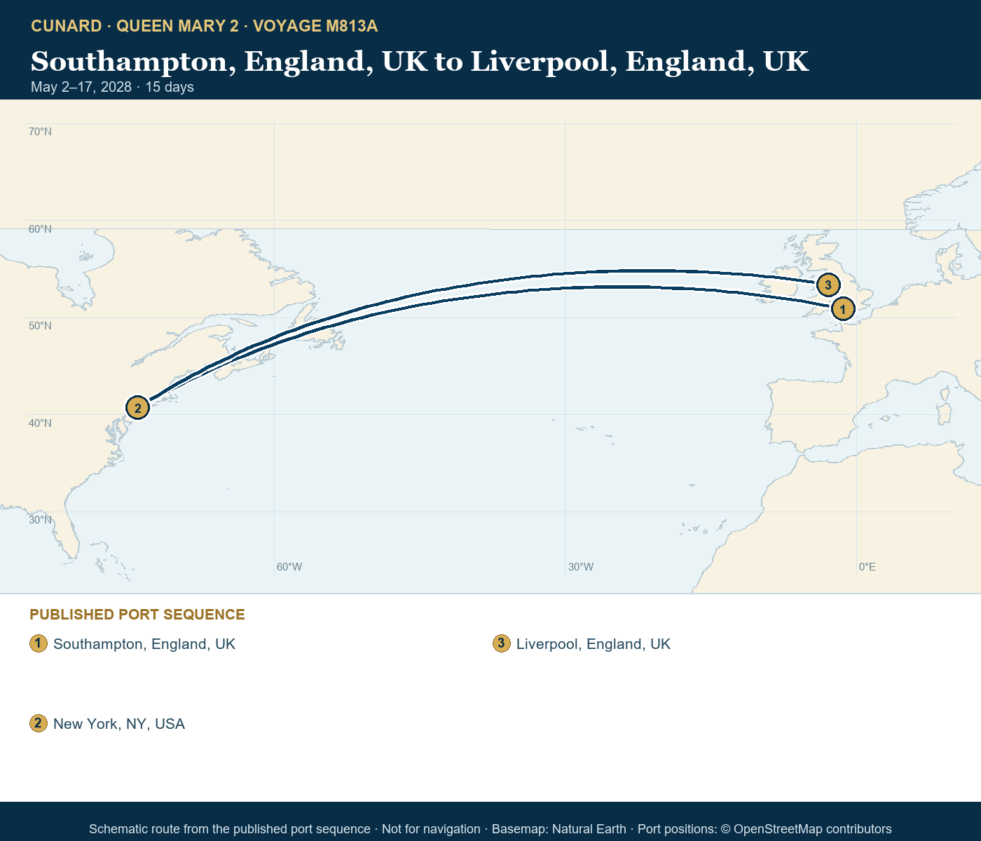 Queen Mary 2 Voyage M813A itinerary route map for Southampton, England, UK to Liverpool, England, UK