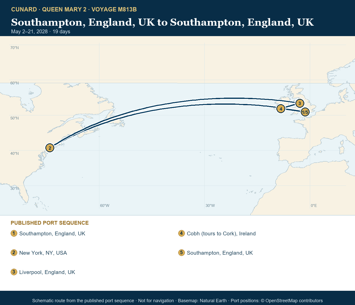 Queen Mary 2 Voyage M813B itinerary route map for Southampton, England, UK to Southampton, England, UK