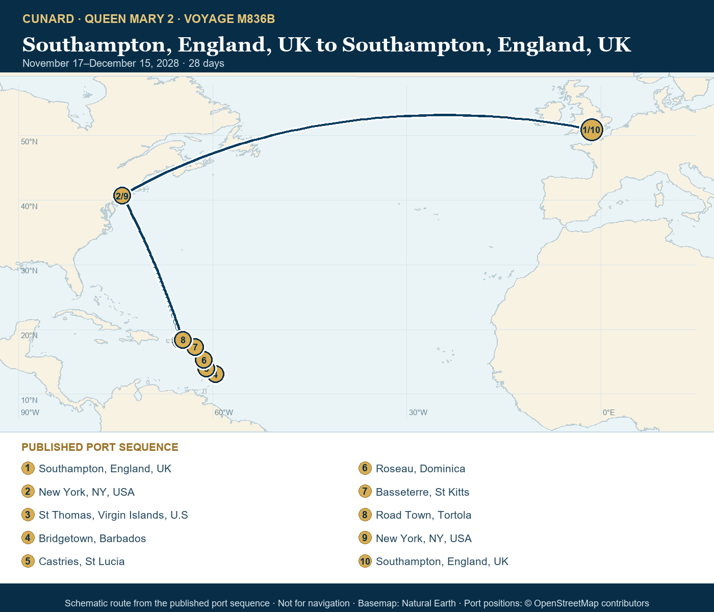 Queen Mary 2 Voyage M836B itinerary route map for Southampton, England, UK to Southampton, England, UK