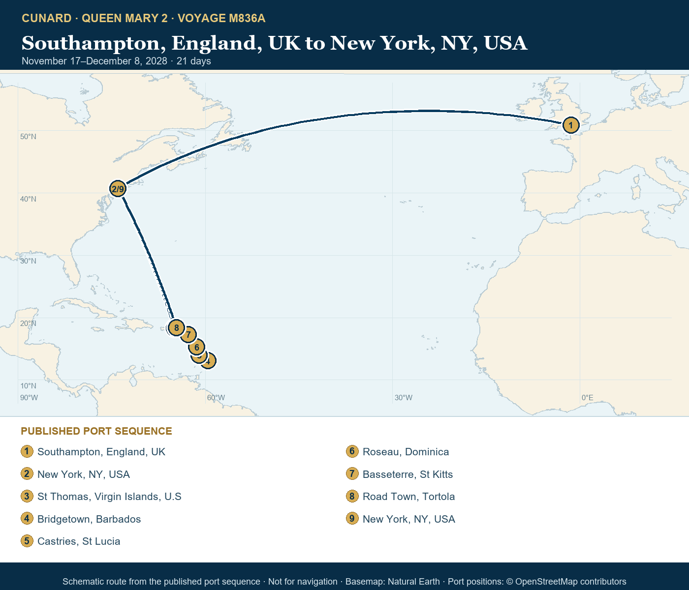 Queen Mary 2 Voyage M836A itinerary route map for Southampton, England, UK to New York, NY, USA