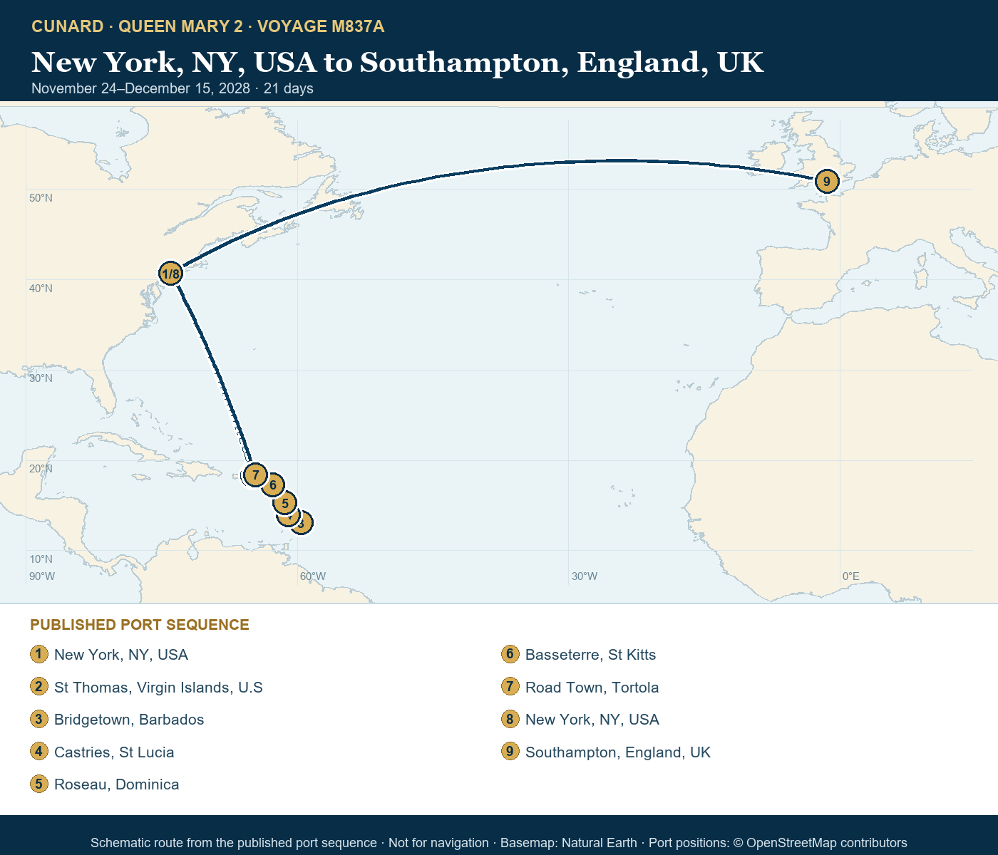Queen Mary 2 Voyage M837A itinerary route map for New York, NY, USA to Southampton, England, UK