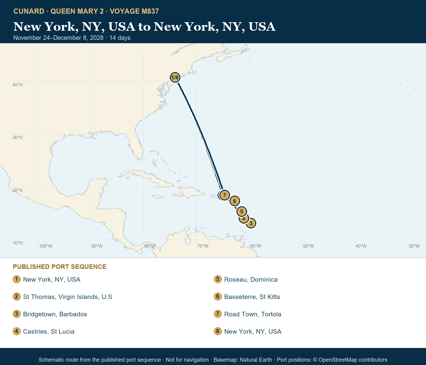 Queen Mary 2 Voyage M837 itinerary route map for New York, NY, USA to New York, NY, USA