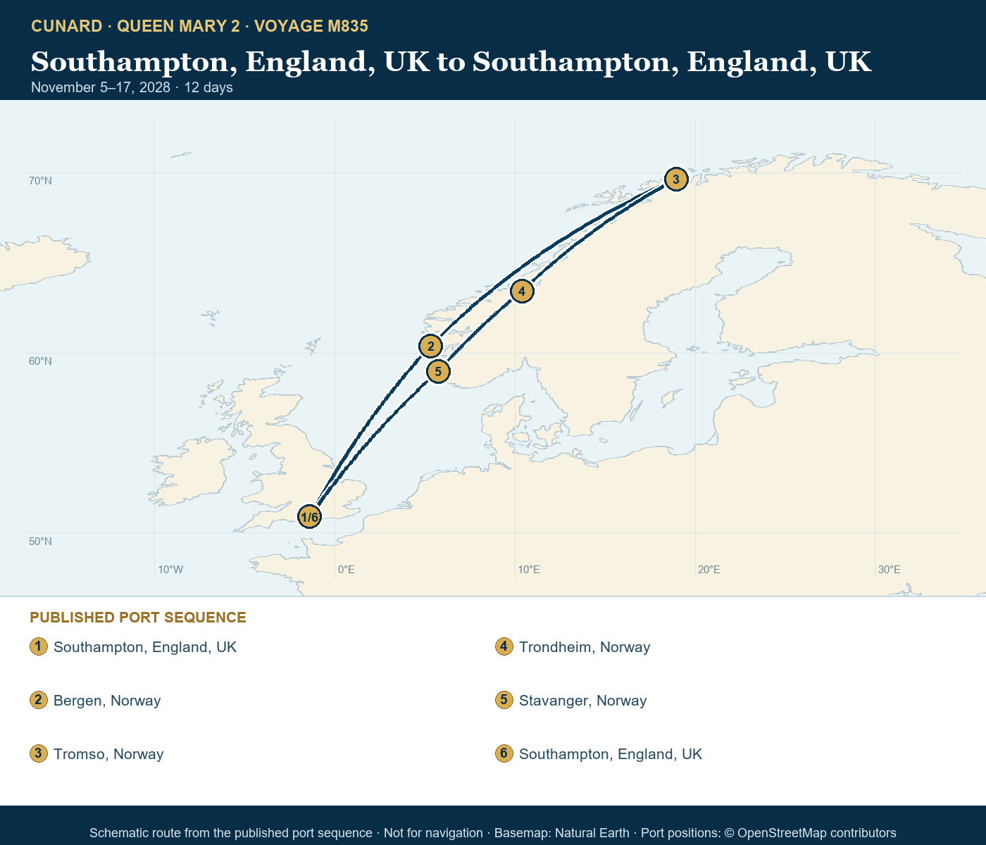 Queen Mary 2 Voyage M835 itinerary route map for Southampton, England, UK to Southampton, England, UK