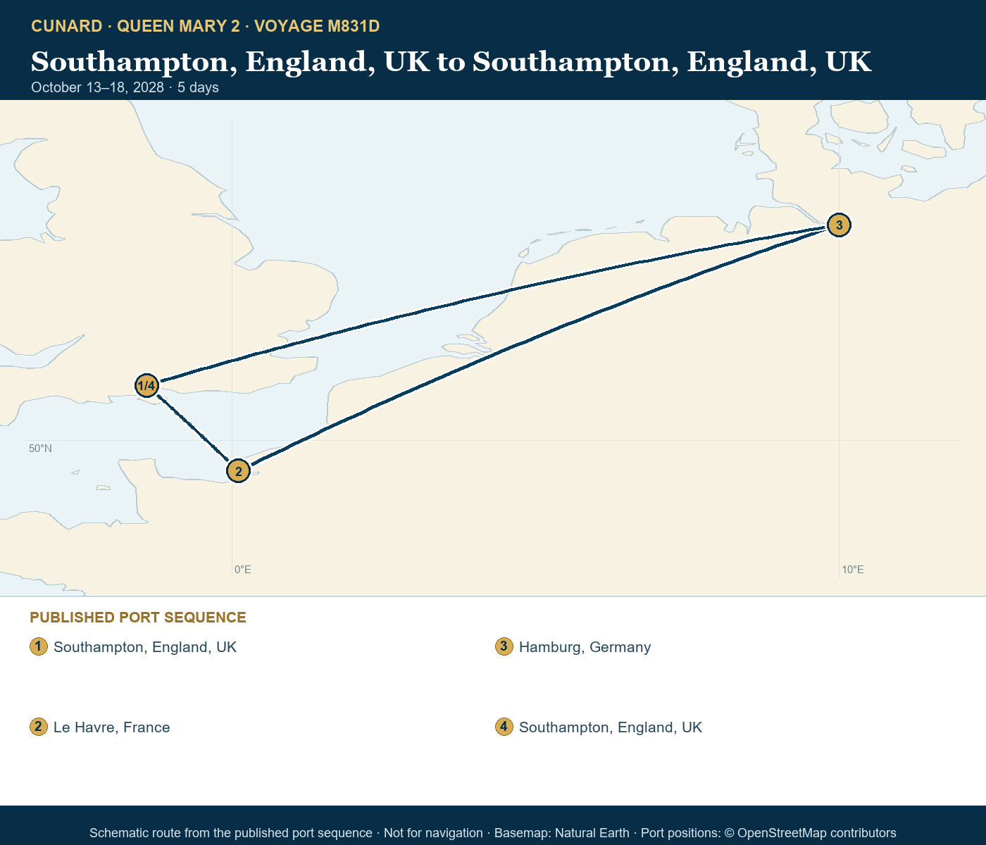 Queen Mary 2 Voyage M831D itinerary route map for Southampton, England, UK to Southampton, England, UK