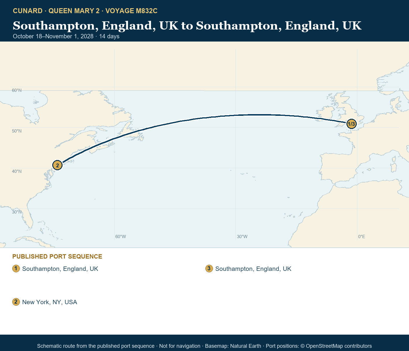 Queen Mary 2 Voyage M832C itinerary route map for Southampton, England, UK to Southampton, England, UK