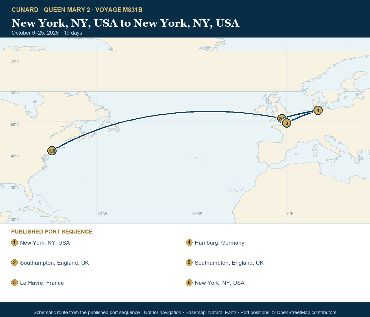 Queen Mary 2 Voyage M831B itinerary route map for New York, NY, USA to New York, NY, USA