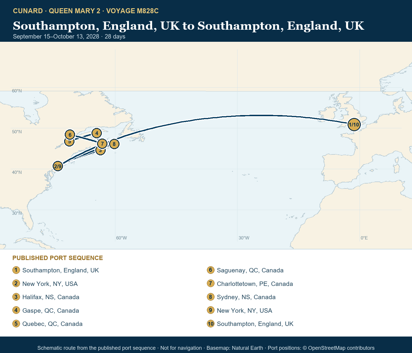 Queen Mary 2 Voyage M828C itinerary route map for Southampton, England, UK to Southampton, England, UK