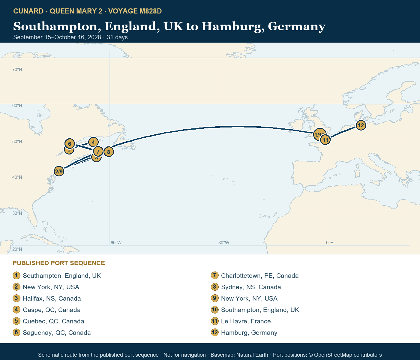 Queen Mary 2 Voyage M828D itinerary route map for Southampton, England, UK to Hamburg, Germany