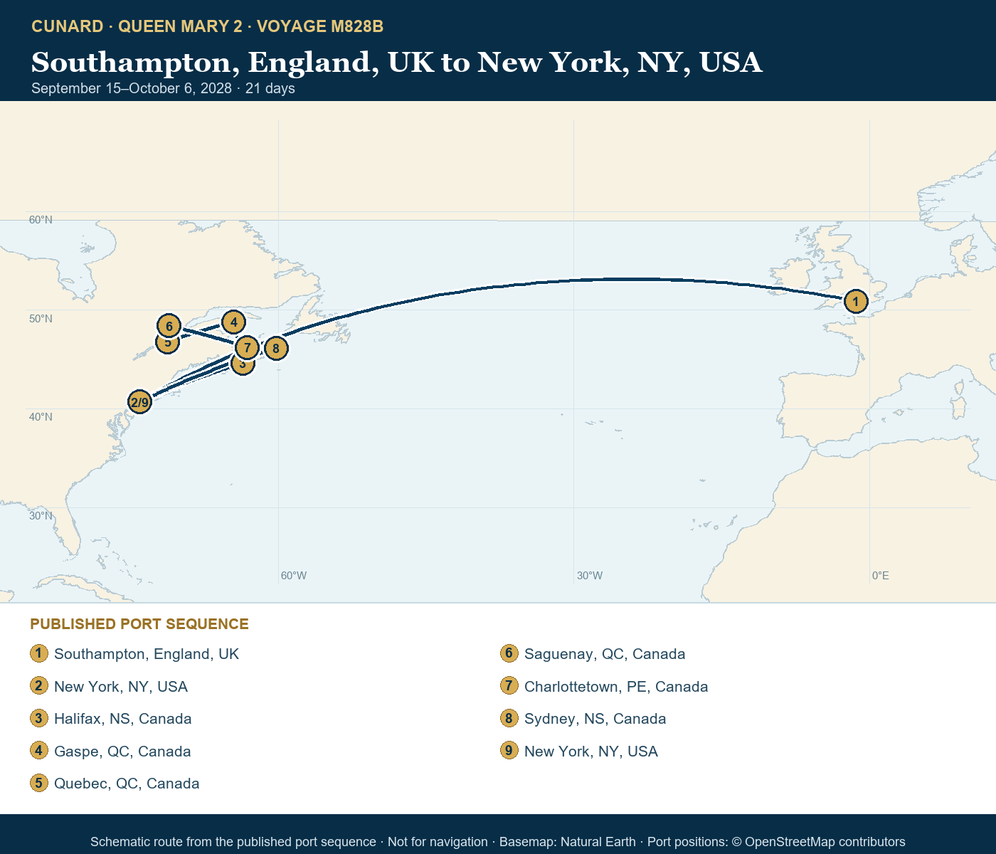 Queen Mary 2 Voyage M828B itinerary route map for Southampton, England, UK to New York, NY, USA