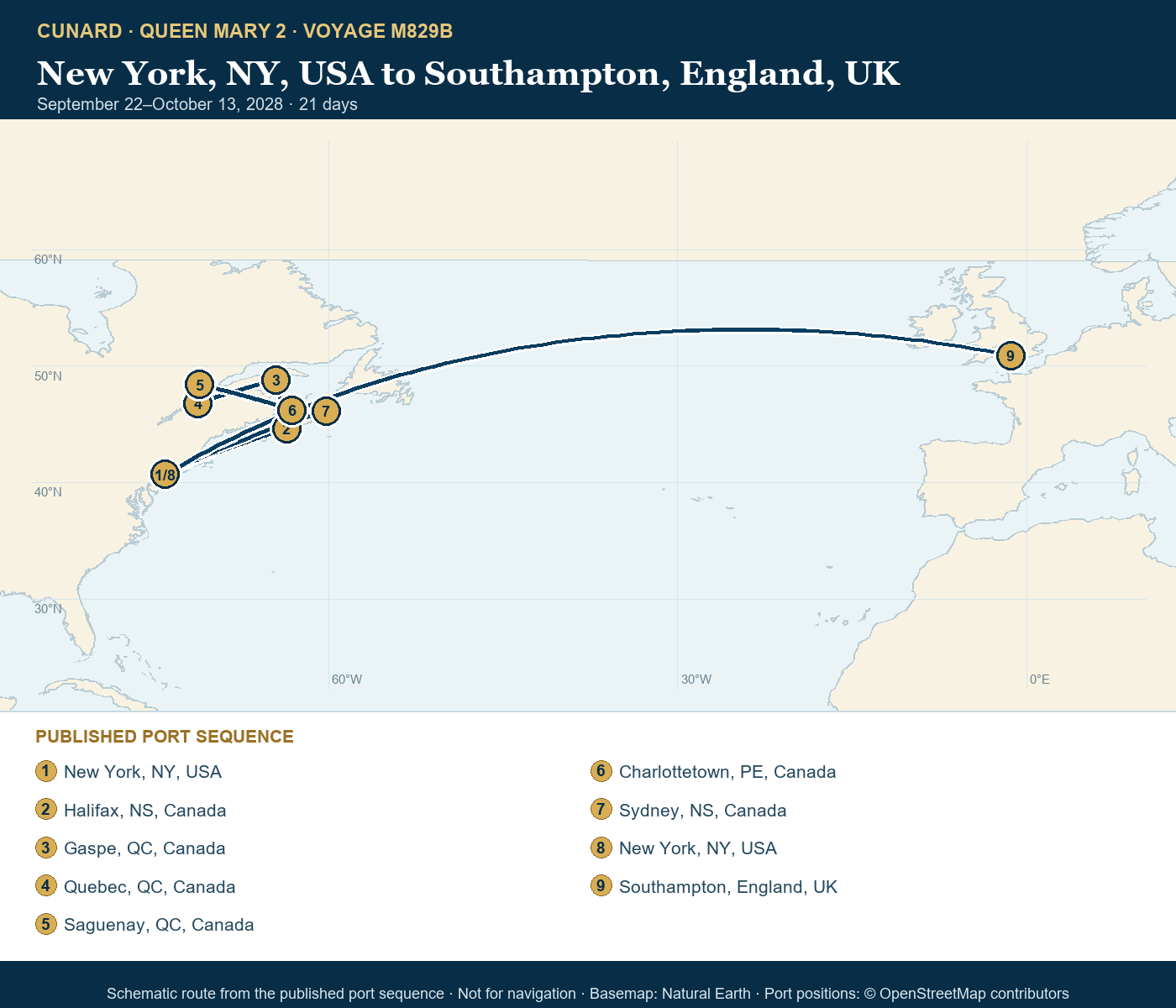 Queen Mary 2 Voyage M829B itinerary route map for New York, NY, USA to Southampton, England, UK