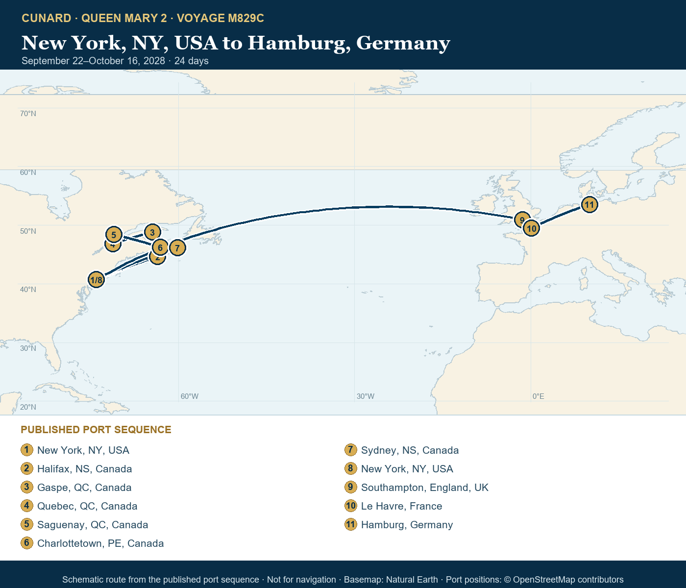 Queen Mary 2 Voyage M829C itinerary route map for New York, NY, USA to Hamburg, Germany