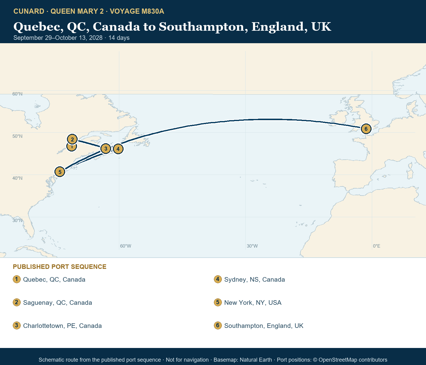 Queen Mary 2 Voyage M830A itinerary route map for Quebec, QC, Canada to Southampton, England, UK