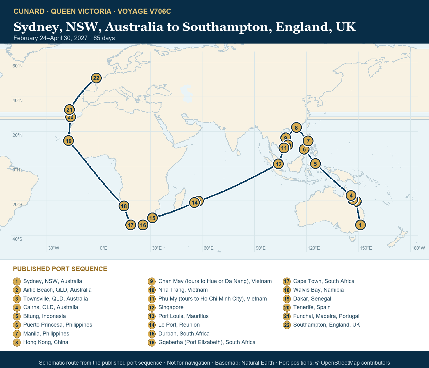 Queen Victoria Voyage V706C itinerary route map for Sydney, NSW, Australia to Southampton, England, UK
