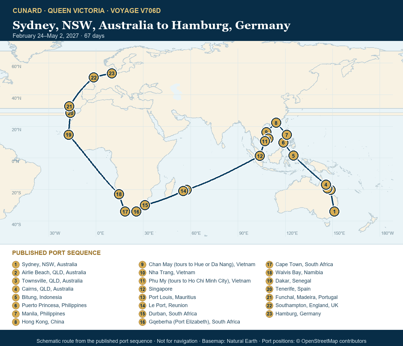 Queen Victoria Voyage V706D itinerary route map for Sydney, NSW, Australia to Hamburg, Germany