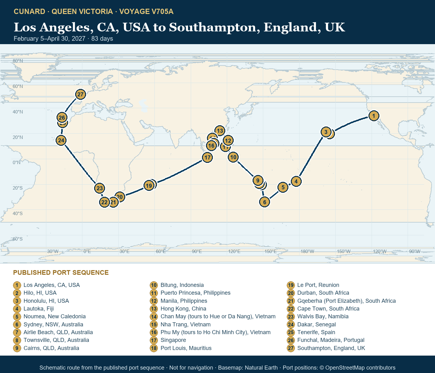Queen Victoria Voyage V705A itinerary route map for Los Angeles, CA, USA to Southampton, England, UK