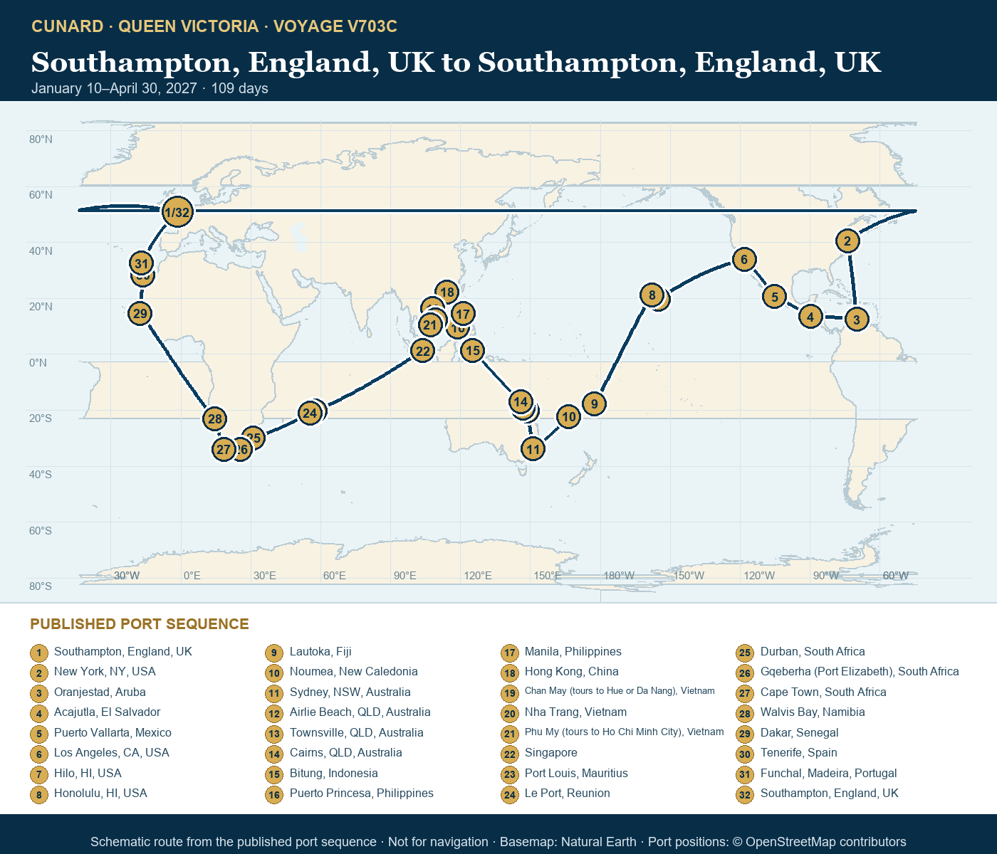 Queen Victoria Voyage V703C itinerary route map for Southampton, England, UK to Southampton, England, UK
