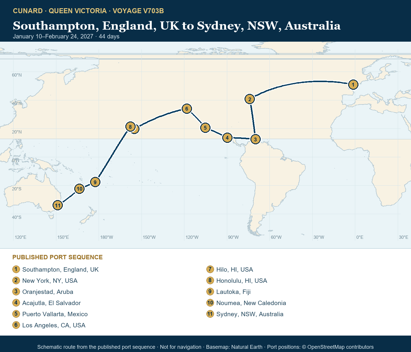 Queen Victoria Voyage V703B itinerary route map for Southampton, England, UK to Sydney, NSW, Australia