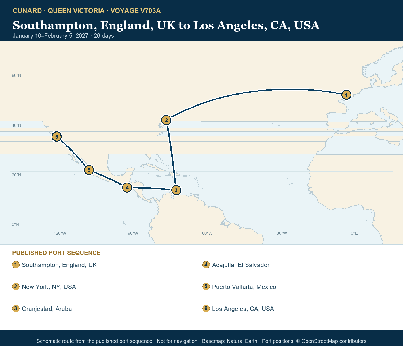 Queen Victoria Voyage V703A itinerary route map for Southampton, England, UK to Los Angeles, CA, USA