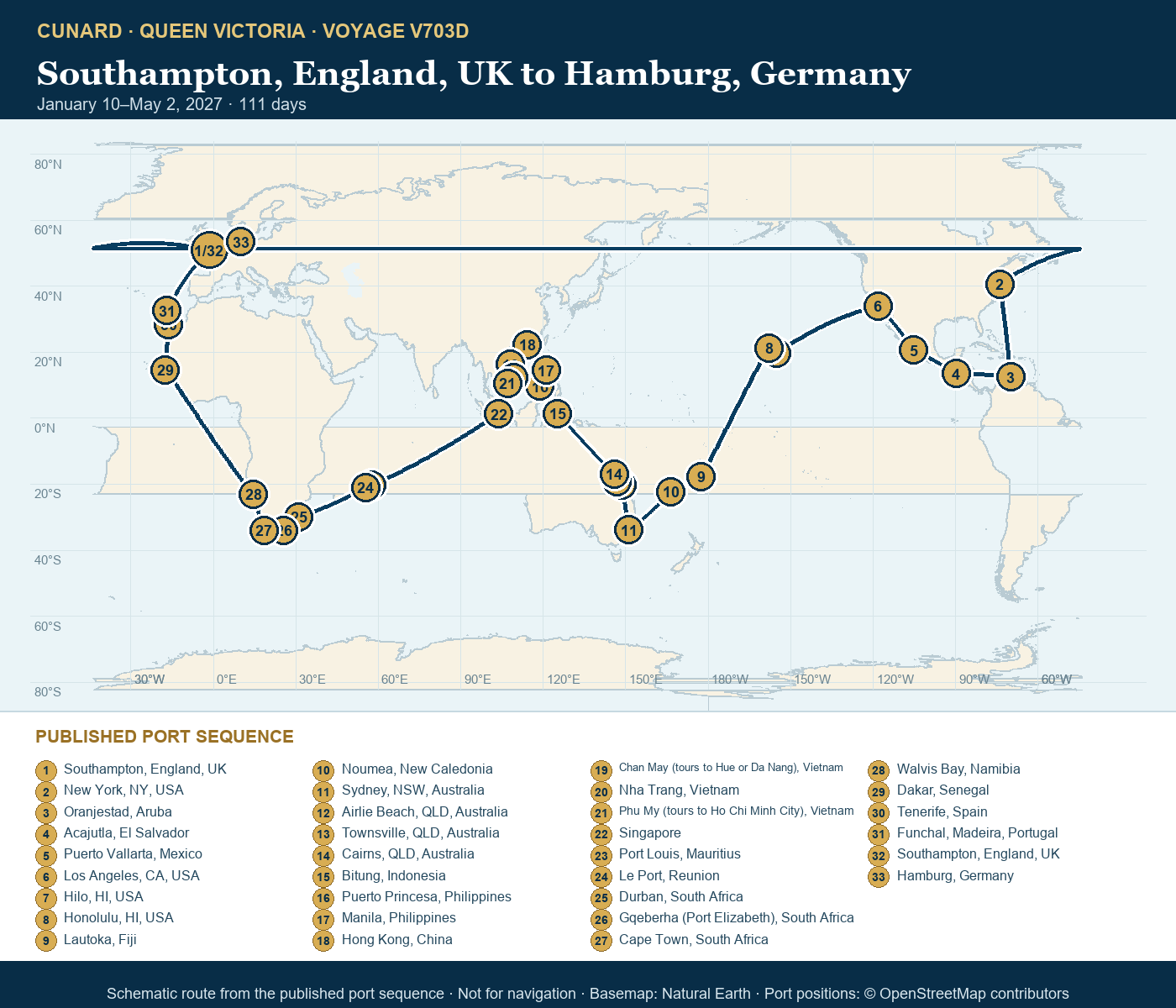 Queen Victoria Voyage V703D itinerary route map for Southampton, England, UK to Hamburg, Germany