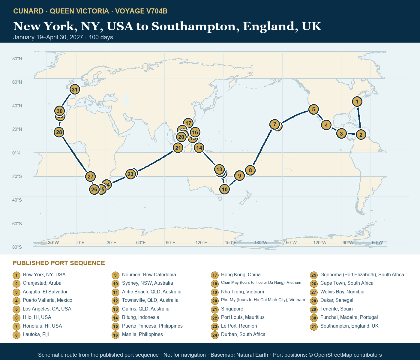Queen Victoria Voyage V704B itinerary route map for New York, NY, USA to Southampton, England, UK