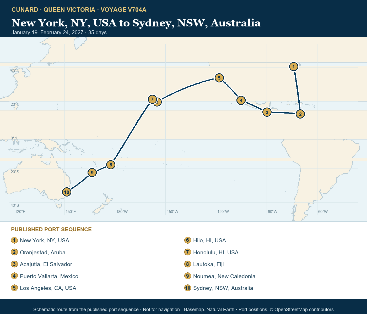 Queen Victoria Voyage V704A itinerary route map for New York, NY, USA to Sydney, NSW, Australia