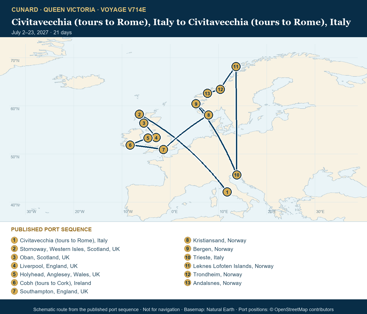 Queen Victoria Voyage V714E itinerary route map for Civitavecchia (tours to Rome), Italy to Civitavecchia (tours to Rome), Italy