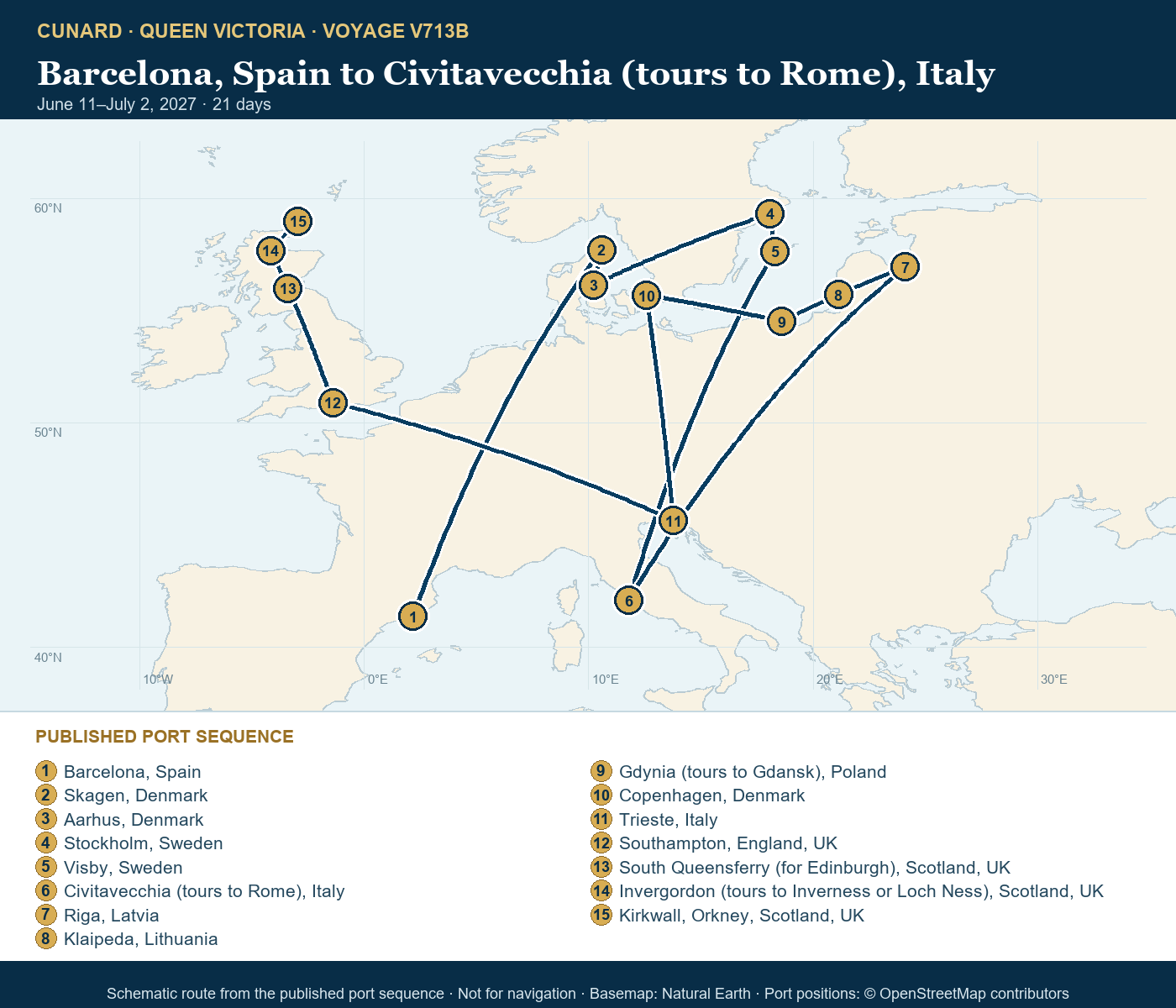 Queen Victoria Voyage V713B itinerary route map for Barcelona, Spain to Civitavecchia (tours to Rome), Italy