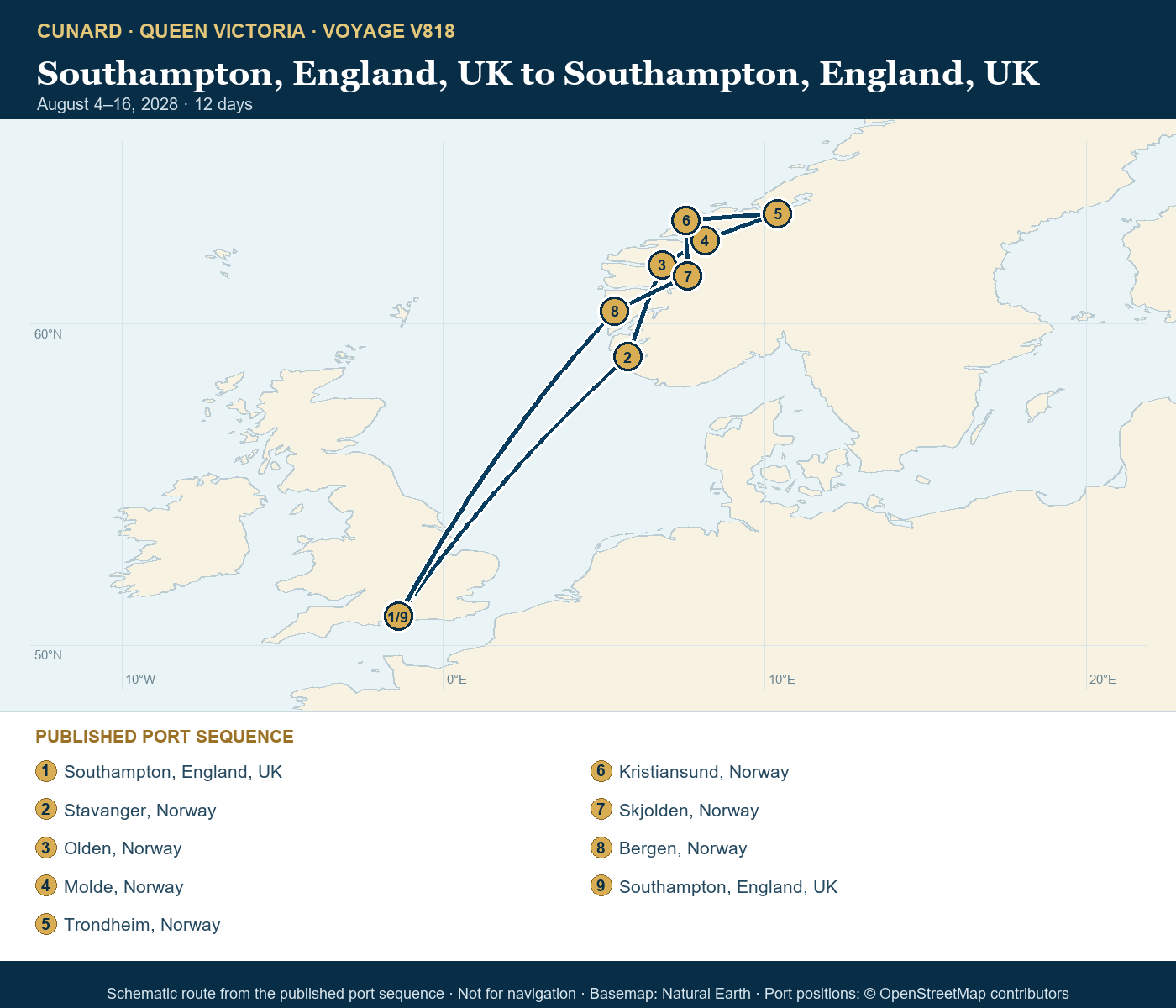 Queen Victoria Voyage V818 itinerary route map for Southampton, England, UK to Southampton, England, UK