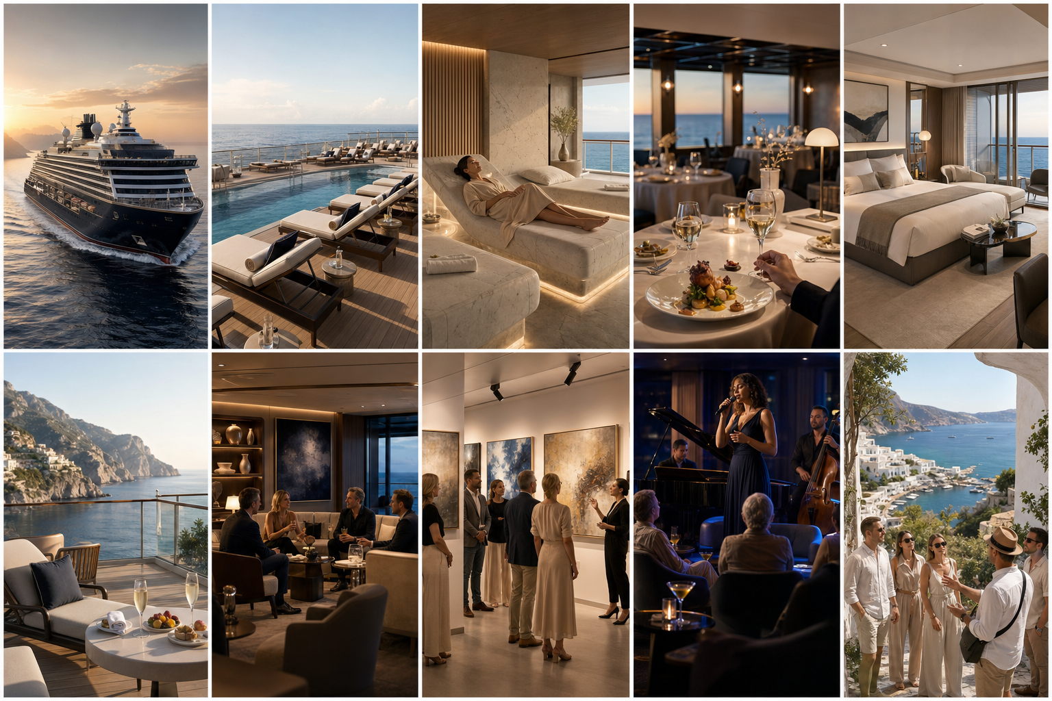 Explora Cruises luxury inspiration collection featuring ships, wellness, dining, suites, entertainment, and destinations