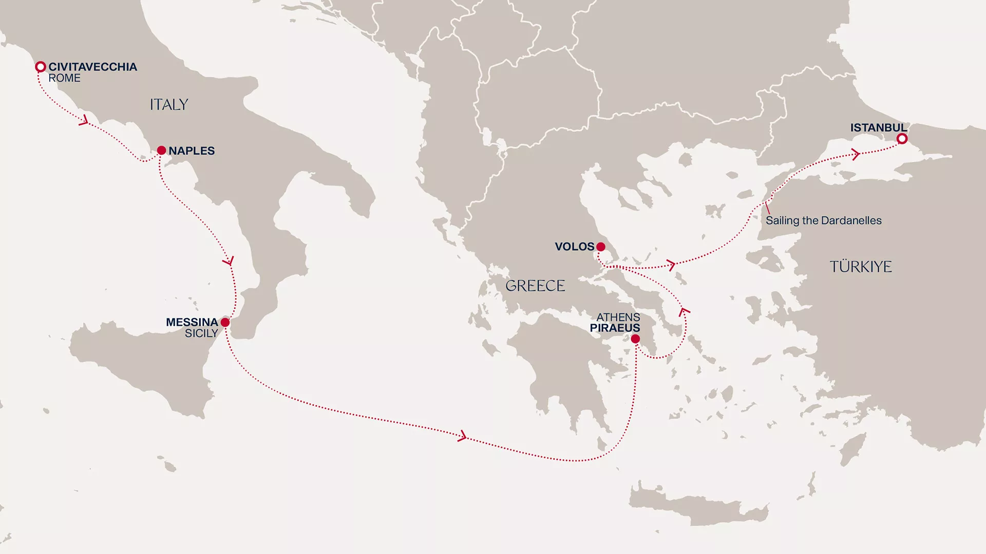 Explora V December 4-11 2027 cruise route map from Civitavecchia (Rome) to Istanbul