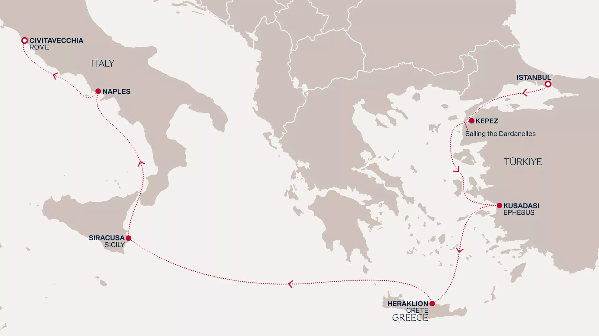 Explora V December 12-19 2027 cruise route map from Istanbul to Civitavecchia (Rome)