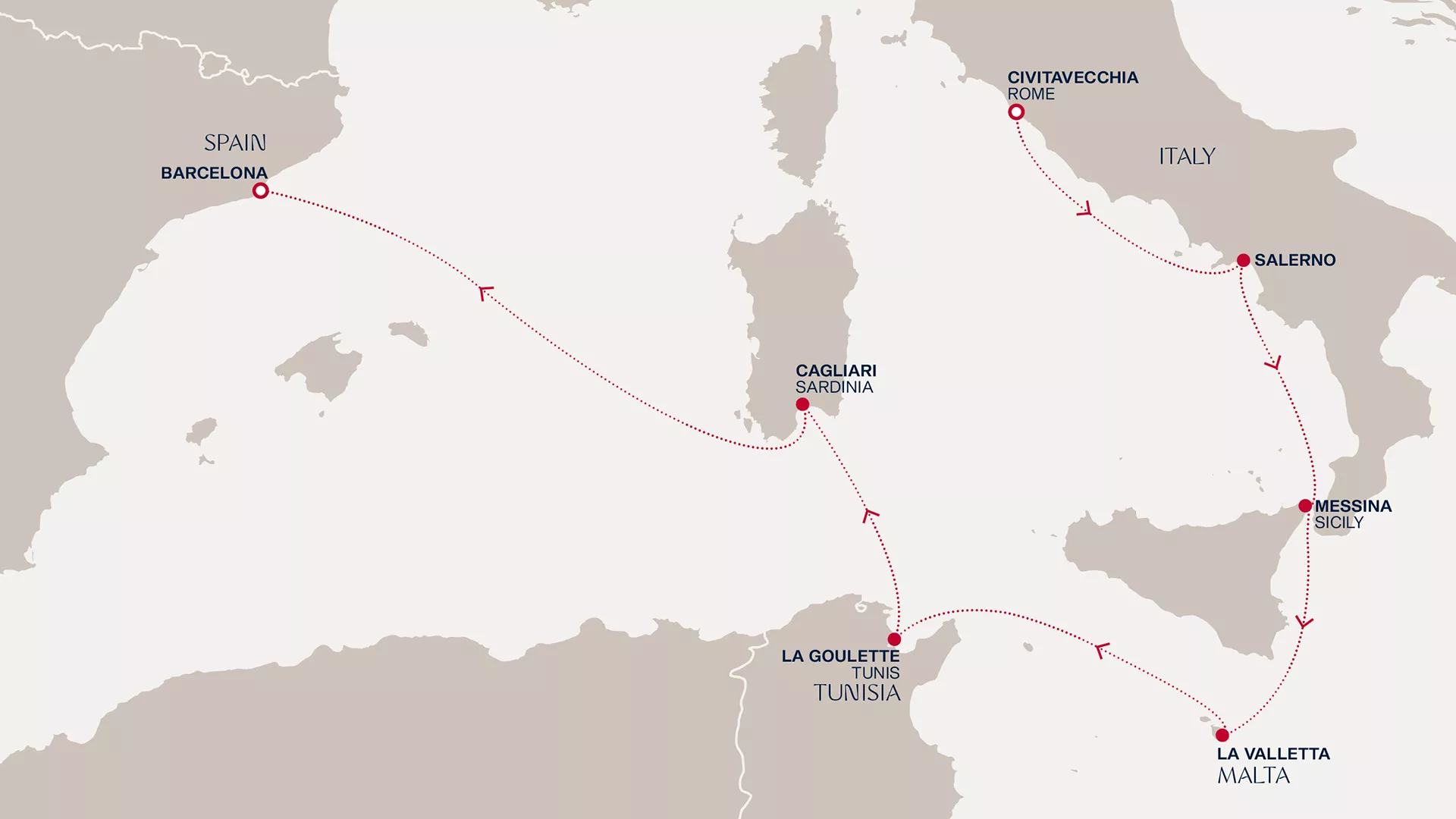 Explora V December 19-26 2027 cruise route map from Civitavecchia (Rome) to Barcelona
