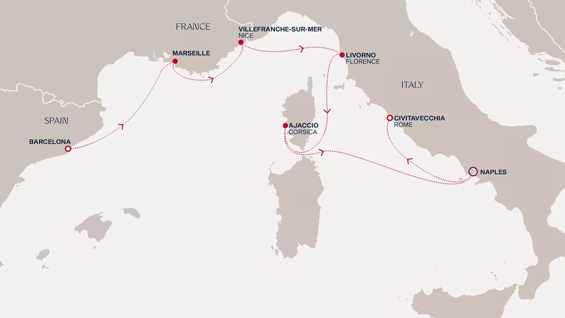 Explora V December 26 2027-January 2 2028 cruise route map from Barcelona to Civitavecchia (Rome)