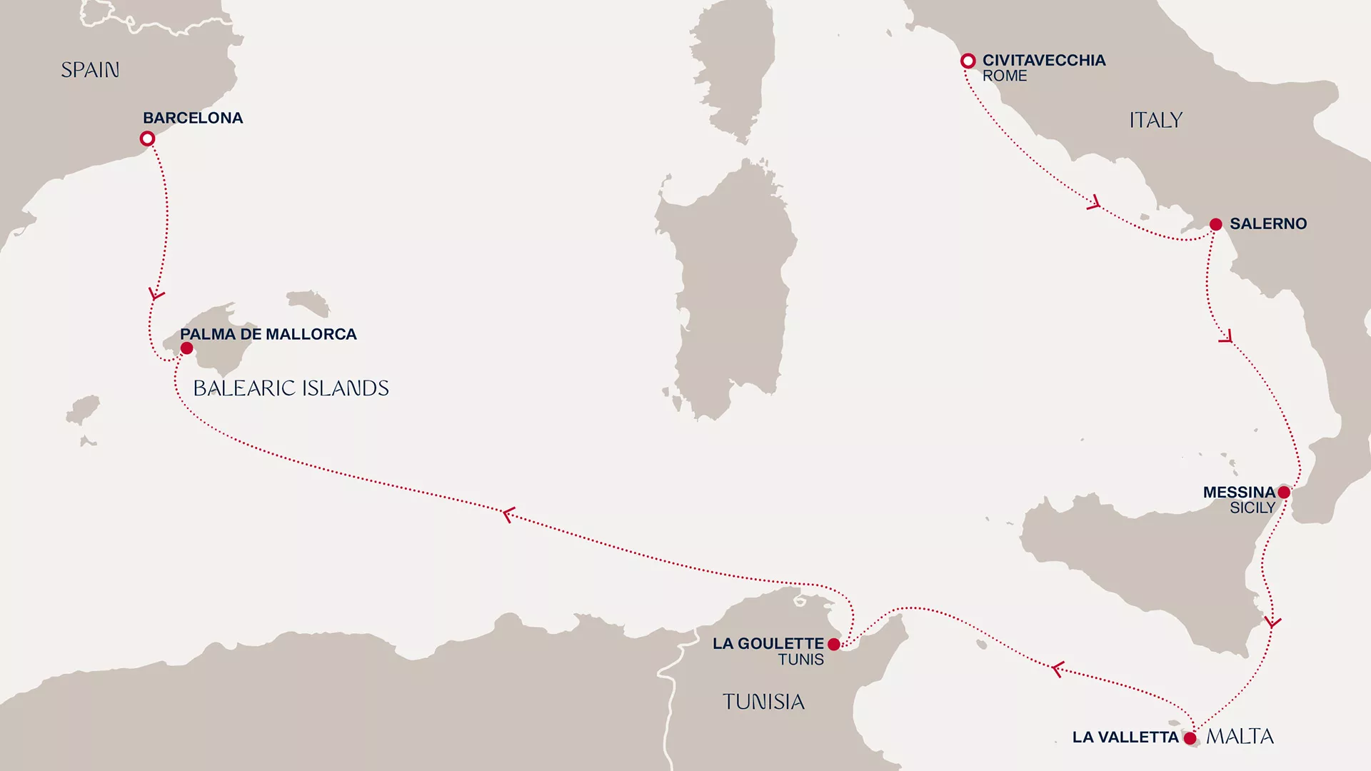 Explora V January 2-9 2028 cruise route map from Civitavecchia (Rome) to Barcelona