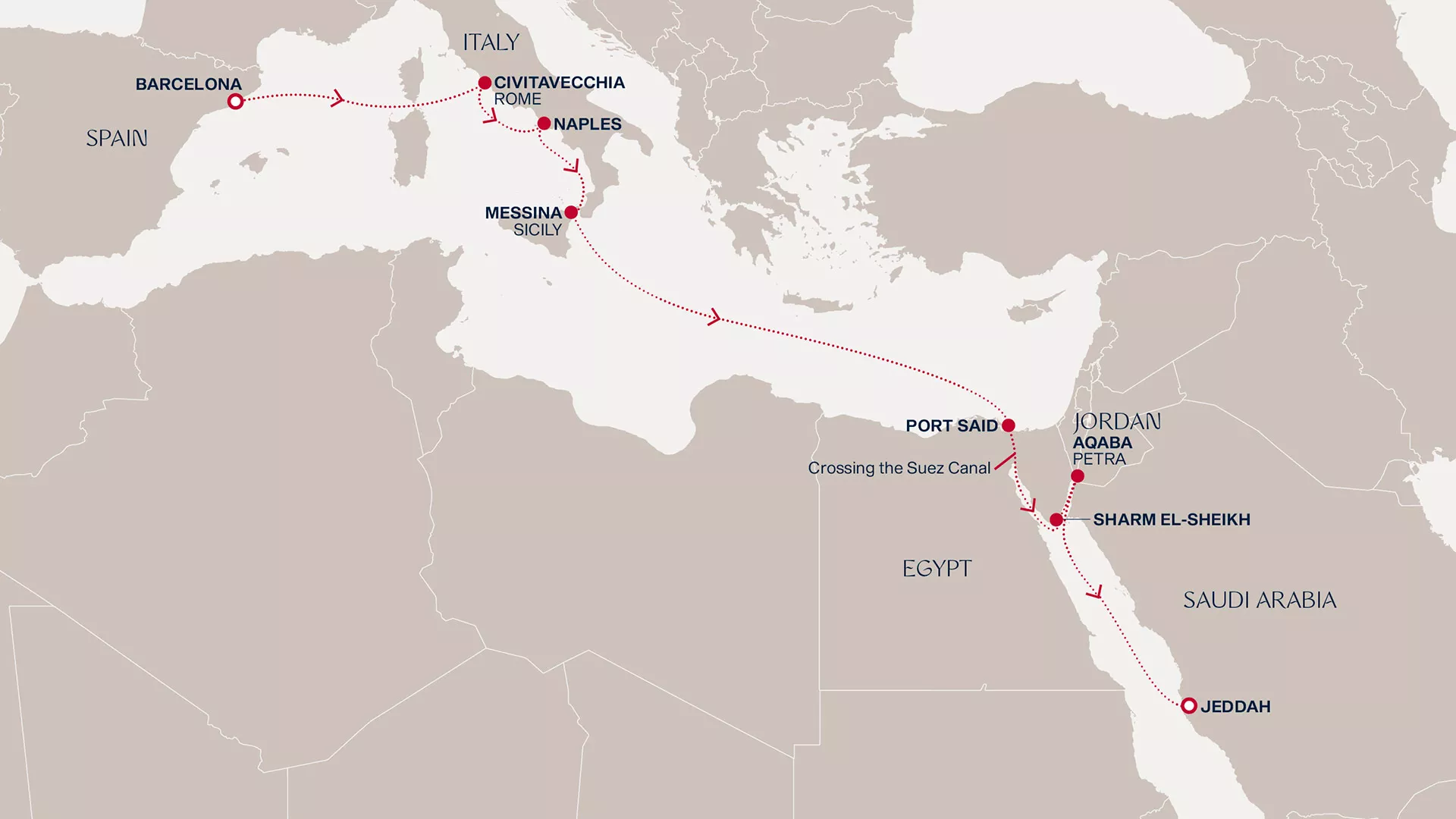 Explora V January 9-21 2028 cruise route map from Barcelona to Jeddah