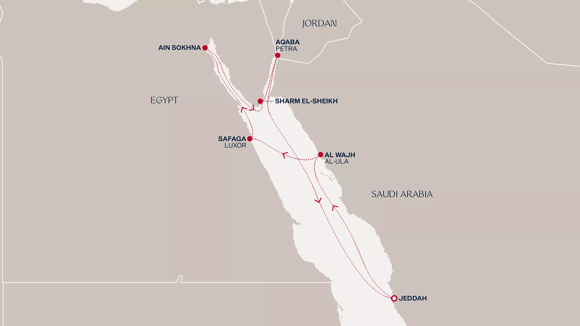 Explora V March 6-15 2028 cruise route map from Jeddah to Jeddah