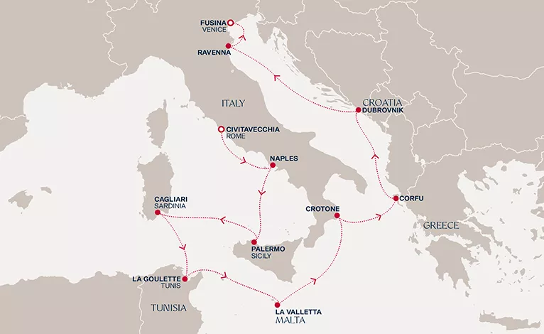 Explora V March 15-25 2028 cruise route map from Civitavecchia (Rome) to Fusina (Venice)
