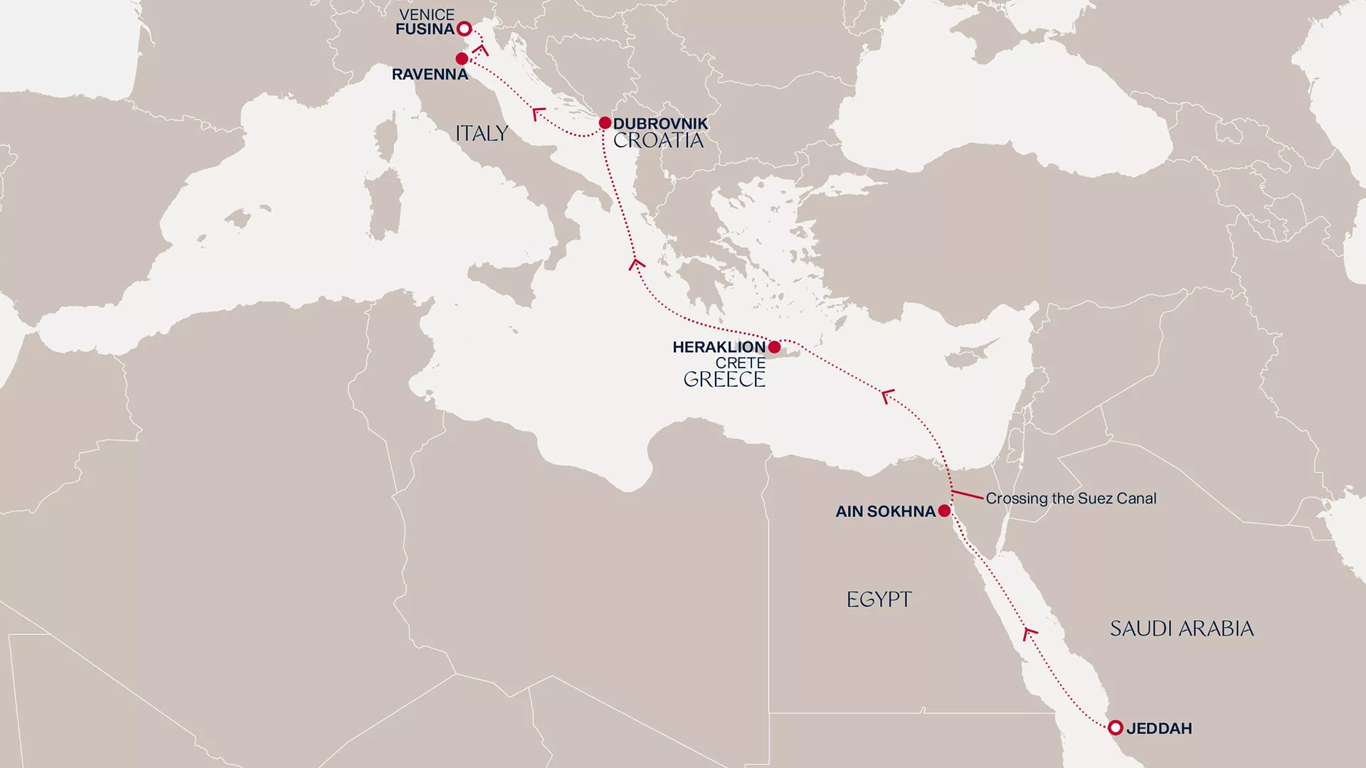 Explora V March 15-25 2028 cruise route map from Jeddah to Fusina (Venice)