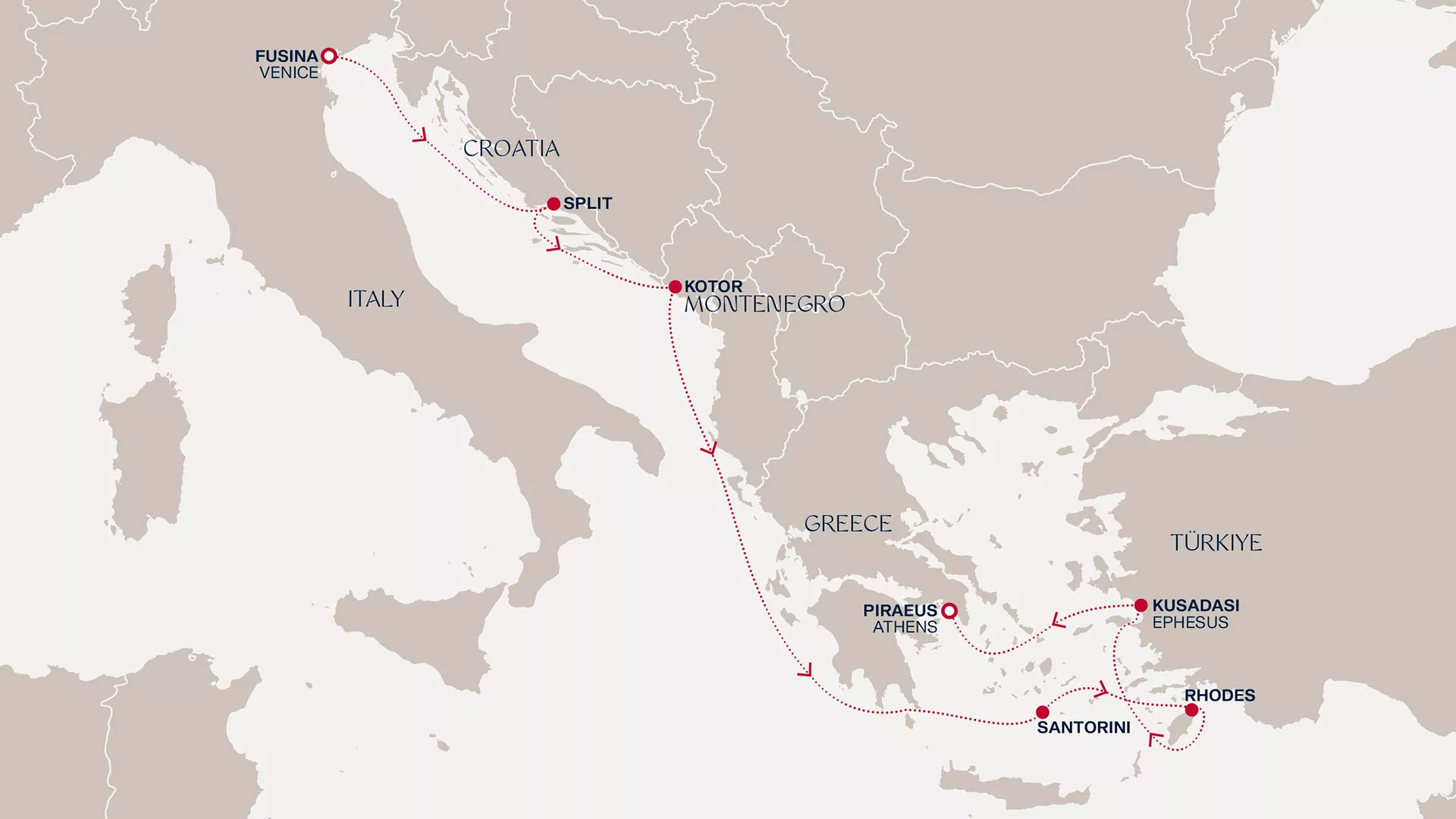 Explora V March 25-April 1 2028 cruise route map from Fusina (Venice) to Piraeus (Athens)