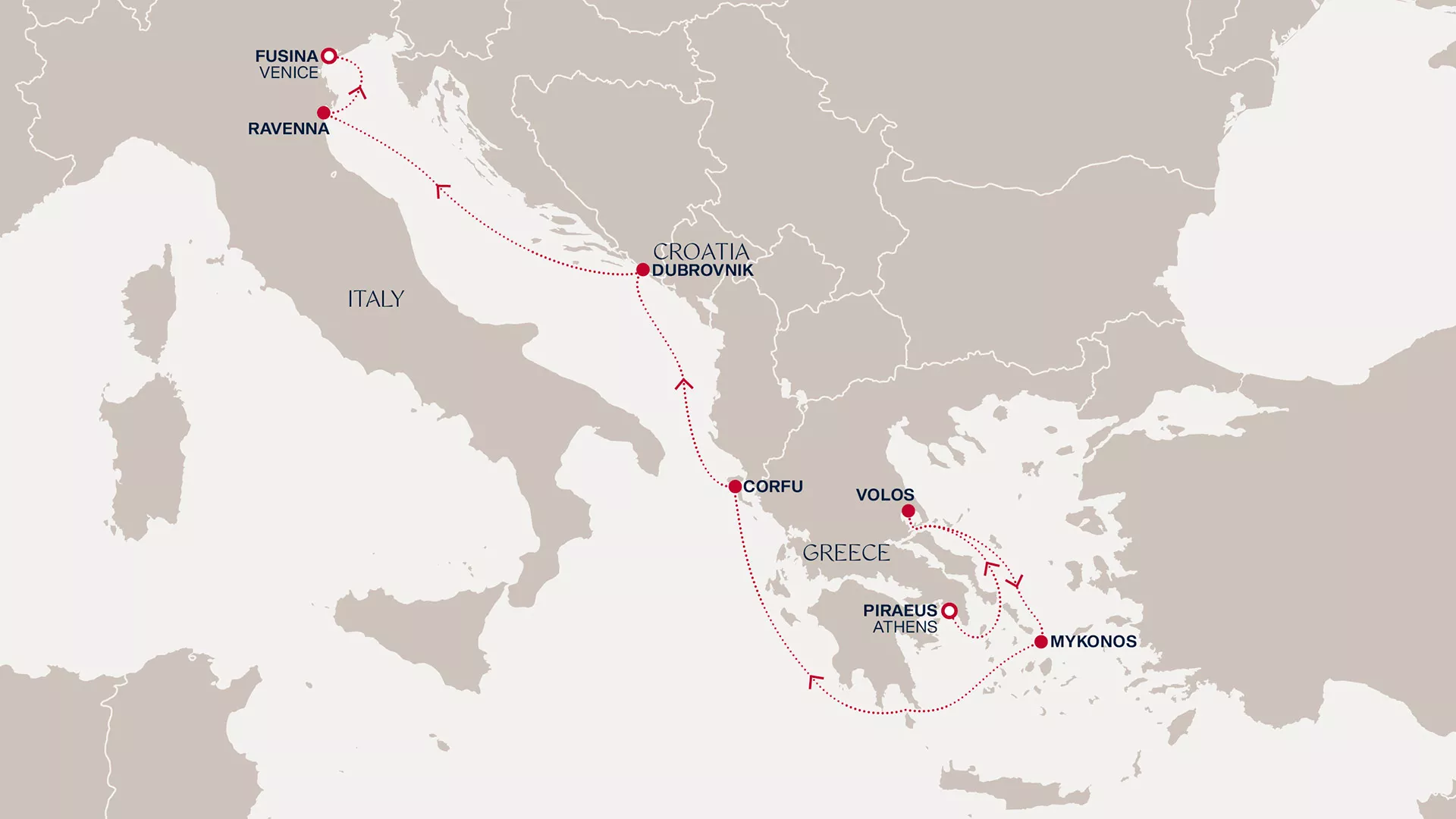 Explora V April 1-8 2028 cruise route map from Piraeus (Athens) to Fusina (Venice)