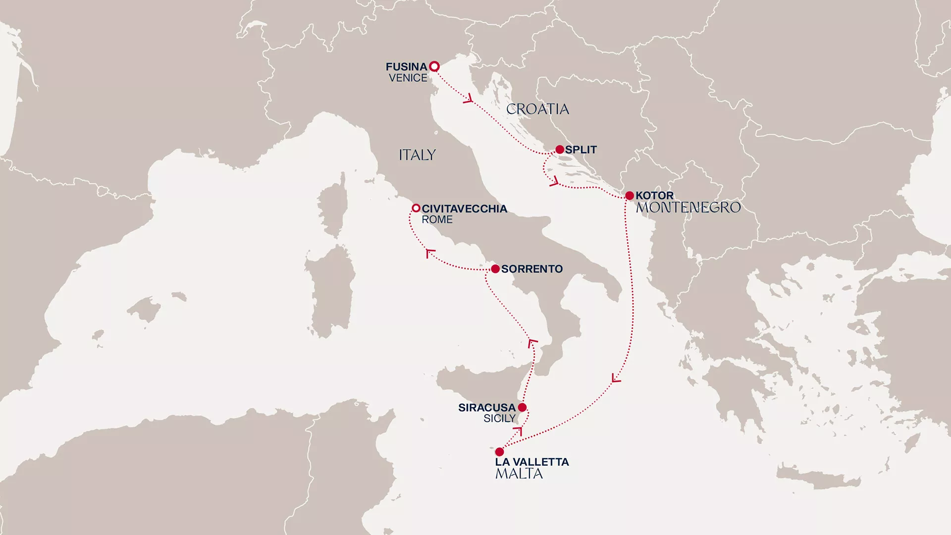 Explora V April 8-15 2028 cruise route map from Fusina (Venice) to Civitavecchia (Rome)