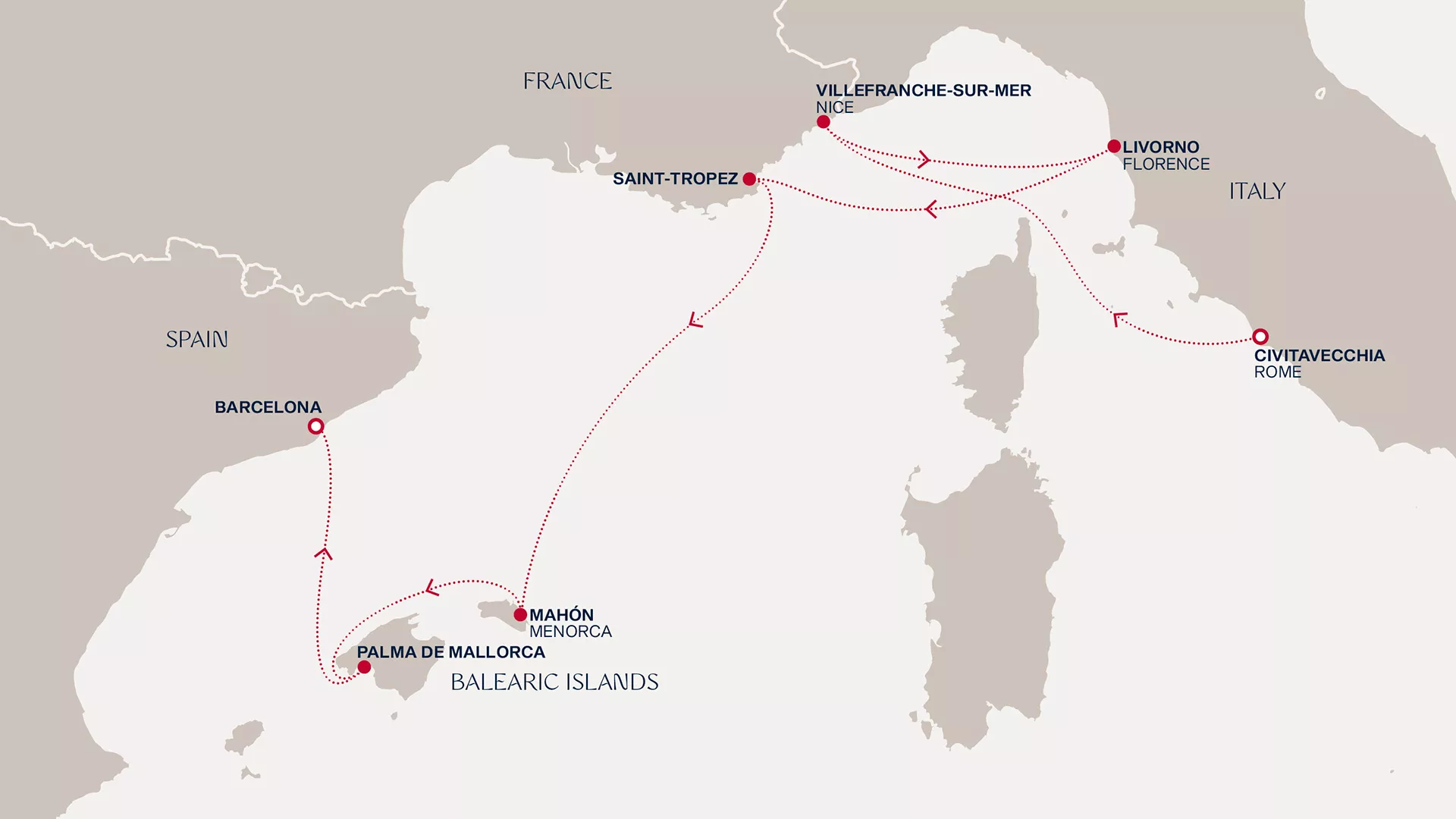 Explora V April 15-22 2028 cruise route map from Civitavecchia (Rome) to Barcelona