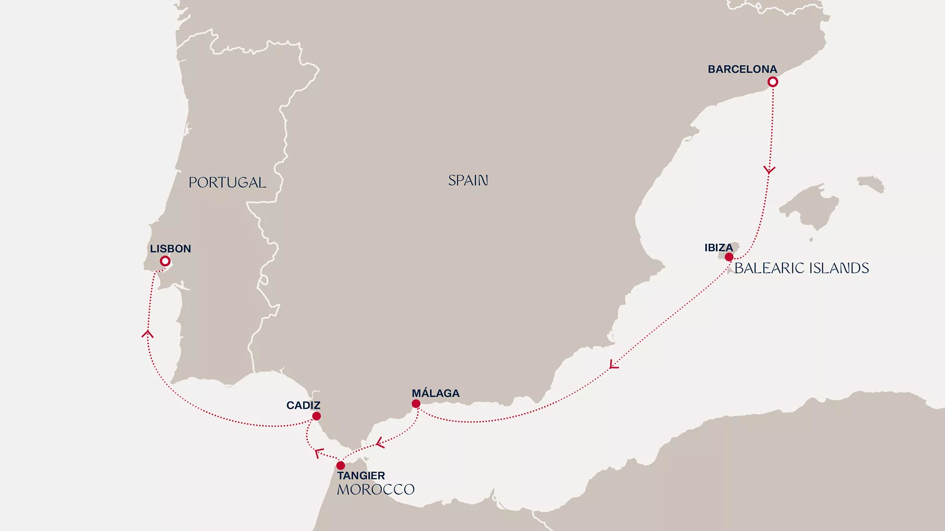 Explora V April 22-29 2028 cruise route map from Barcelona to Lisbon