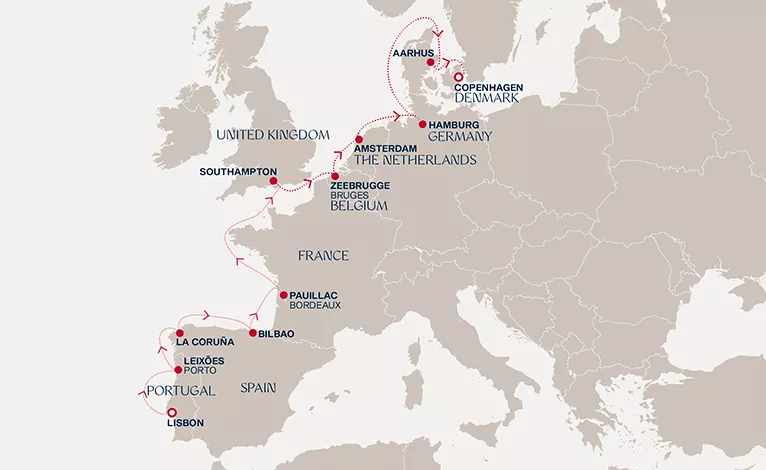 Explora V April 29-May 13 2028 cruise route map from Lisbon to Copenhagen