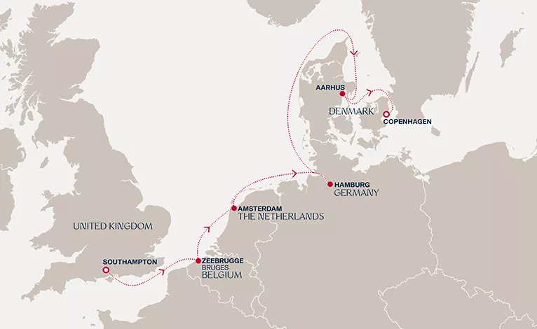 Explora V May 6-13 2028 cruise route map from Southampton to Copenhagen