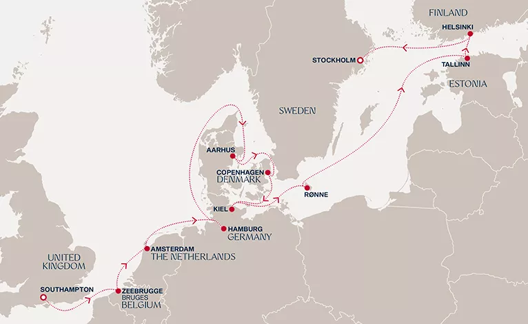 Explora V May 6-19 2028 cruise route map from Southampton to Stockholm